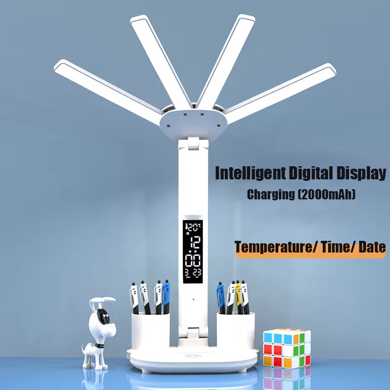 3In1 Multifunction Table Lamp LED Four-Headed Folding with Fan Calendar Clock USB Rechargeable Desk Light 3 Color Reading Lamp