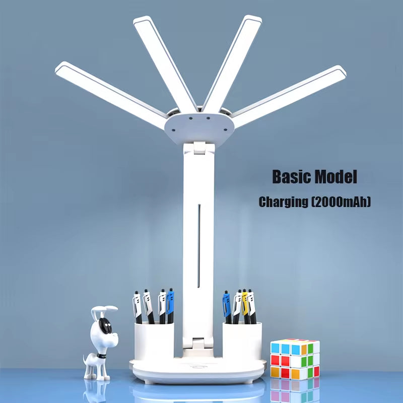 3In1 Multifunction Table Lamp LED Four-Headed Folding with Fan Calendar Clock USB Rechargeable Desk Light 3 Color Reading Lamp